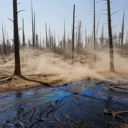 a dry and dead forest in an ocean of iridescent oil, oil spill, dust, dirt, wind, advertising photography, 8 k
