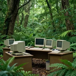 a green office in forest, a plants,, desks ancient computers in