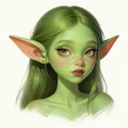 Very detailed illustration of a beautiful goblin girl, green skin, big beautiful ears, digital concept art