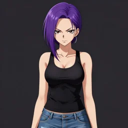 a portrait of dilraba dilmurat as revy from black lagoon, smirk, black tank top, jean shorts, brown eyes, purple hair, symmetrical eyes, symmetrical face, art by lois van baarle and loish and ross tran and rossdraws and sam yang and samdoesarts and artgerm, digital art, intricate, sharp focus