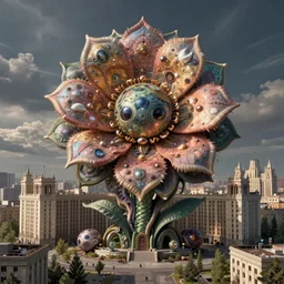 colossal psyhedelic alien flower made from worst mankind ideas in the middle of abandoned post soviet constructivist cityscape, Stalinist architecture, ultradetailed, Intricate by Niruyoshi Ohrai and Hayao Miyazaki and Josan Gonzalez
