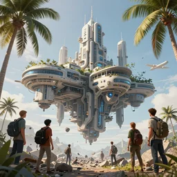 a matte painting of high - tech floating city earthquake, concept art, gravels around, coconut palms, weightlessness, reverse, sharp focus, cinematic, illustration, by oksana dobrovolska, vicotr hugo harmatiuk, joon ahn, yang qi, romain jouandeau, quy ho, karol bak, beeple, 4 k, unreal engine, vray render, artstation