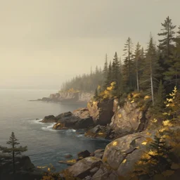 a retrowave style artwork of acadia national park, a land of the dead, divine, hazy, volumetric lighting, spacetime bending, very detailed, serene, gold accents, washed out colors, beautiful artwork, master level composition, raytracing