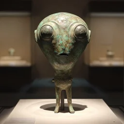 a martian artifact in a museum, bronze, old, alien
