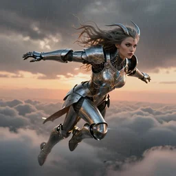 full body shot of a biblical diabolical beautiful female valkyree android, shiny plastic armor, fly, dynamic pose, shadows, heavy eyes to the side, closeup, bright glowing veins, in clouds, rain, sunset, portrait, by gerald brom, by mikhail vrubel, by peter elson, muted colors, extreme detail, reflections, trending on artstation, 8 k