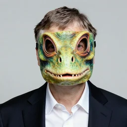 a portrait of bill gates wearing a full face reptile mask