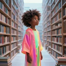 a breathtaking 8 k resolution matte painting of a black boy with an afro wearing neon robes inside a vast and endless four dimensional solarpunk library a the end of the galaxy, detailed face, timbuktu, in a symbolic and meaningful style, by m. c. escher and greg rutkowski and evgeni gordiets, radiant lighting, concept art, felt!!! texture