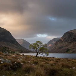 landscape photography, scotland, in color, lonely tree, by marcus mcadam, cinematic, dramatic lighting, mountains, clouds, beautiful, 1 4 mm lens, canon 5 ds - r