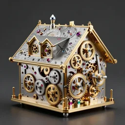 Beautiful mechanical Swiss chalet made of intricate watch parts, cogs, gears, gearwheels, levers, jewels, shiny silver, shiny gold, architectural render, cgsociety, blender, futuresynth, by Gabriel Dawe, by Skottie Young, by Jessica Rossier, by Isaac Cordal, ((Rolex, Breitling, Jacob & Co, Omega, Tag Heur))