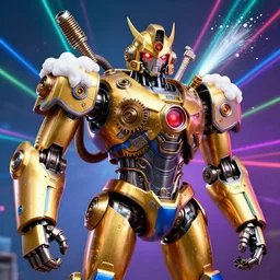 portrait photo of a giant huge golden and blue metal steampunk robot, with gears and tubes, foam machine emitting extinguishing foam, eyes are glowing red lightbulbs, shiny crisp finish, 3 d render, 8 k, insaneley detailed, fluorescent colors, background is multicolored lasershow