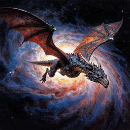 a cinematic shot of an alien dragon flying through outer space, epic nebula, style of jean giraud moebius, moebius art, dan seagrave art, michael whelan, epic scifi fantasy art