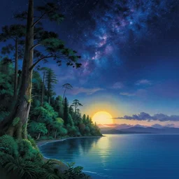 landscape by owen d. pomery, sea at dawn studio ghibli wilderness tron rainforest morning sun cosmic elysian at night landscape hyperrealism uv light tokyo, archdaily, wallpaper, highly detailed, trending on artstation.
