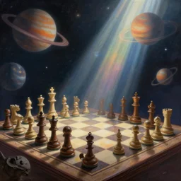 an intricate matte painting of A chess with planets as figures , highly detailed heavenly dimly lit exterior with shafts of iridescent light bouncing off magical realms, by Christophe Vacher and Bastien Lecouffe-Deharme, trending on artstation