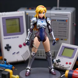 upper body figurine shot. shallow depth of field. suit of armor. samus aran's varia suit in the style of a 1 9 8 0 s grey aged cassette tape player, a gameboy dmg - 0 1 classic, as well as the handyboy, konami hyperboy, saitek boosterboy accessories. cyberdeck. random bits and bobs.