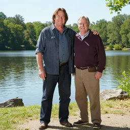 Ron Burgundy standing near a lake with Champ Kind