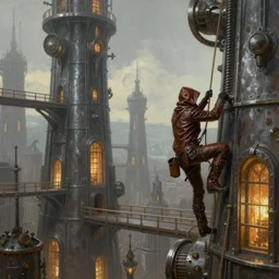 landscape painting of fantasy metal steampunk city with walkways and lit windows and a hooded thief in browns leathers climbing one of the tall buildings using a rope, fine details, magali villeneuve, artgerm, rutkowski
