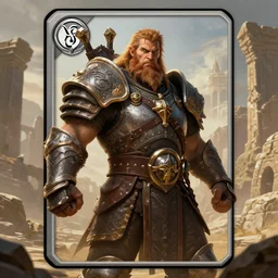 human hero, bearded gigachad in armour, d & d barbarian, fierce warrior, hoarah loux, powerful male character from warcraft, character portrait, trading card game art, perfectly shaded, extremely detailed, matte painting, artstation, volumetric lighting, 4 k, dynamic scene, game cover art, sharp focus, deserted landscape, ancient stone ruins, art by frank frazetta and