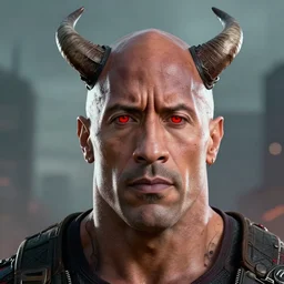Dwayne the Rock Johnson as the devil, horns and red eyes, post apocalyptic, high res render, octane cgsociety, visible face