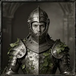 tintype photo of a wonderful realistic portrait of knight with a detailed headdress, dressed with armour made of leaves, dramatic light, dystopian environment, intricate, elegant, highly detailed, centered, digital painting, artstation, concept art, smooth, sharp focus, illustration, artgerm, tomasz alen kopera, peter mohrbacher, donato giancola, joseph christian leyendecker, wlop, boris vallejo