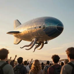 an alien cephalopod blimp flying towards a crowd of people intimidatingly, trending on artstation, 8 k, high detail, golden hour