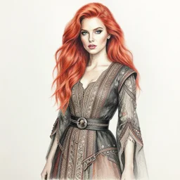 full body detailed colored pencil drawing of a beautiful red haired woman with a beautiful face, high detail, intricate clothing