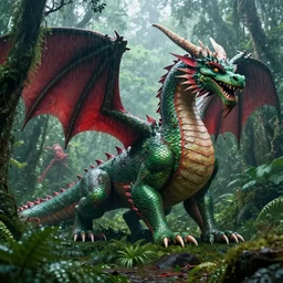 a large gigantic green and red beautiful large dragon in a rain forest