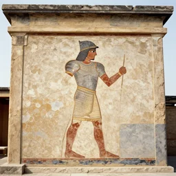 Wide shot of a Minoan temple wall painted with the image of a knight in full plate, cracked and faded in places, 1920s archeologically photo