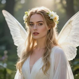 headshot of a beautiful margot robbie ethereal magical young winged fairy princess wearing a white robe and flowers in her hair in a fantasy garden, d & d, fantasy, intricate, rim light, god rays, volumetric lighting, elegant, highly detailed, digital painting, artstation, concept art, smooth, sharp focus, illustration, art by greg rutkowski, maxfield parrish and alphonse mucha, sunrise, new art nouveau, soft ambient lighting, particle effects