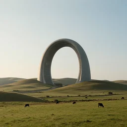 intergalactic stargate portal in the middle of a quiet countryside, with rolling hills and peaceful grazing animals in the foreground