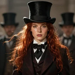 cinematic shot epic portrait an female in a fancy suit and a top hat, flowing red wet hair, beautiful, freckles, shiny skin, broad light, ambient occlusion, volumetric light effect, made by ivan aivazovsky, peter mohrbacher, greg rutkowski, matte painting, trending on artstation, 4 k, perfectly defined features, digital painting, cinematic, epic, highly detailed,