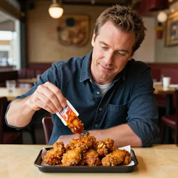andy richter sitting at a restaurant table dipping a chicken tender into a sauce packet. there is a tray of chicken tenders on the table.