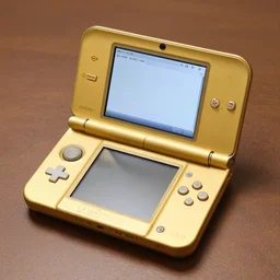a hyper, coherent photoshoot of a golden nintendo 3 ds system