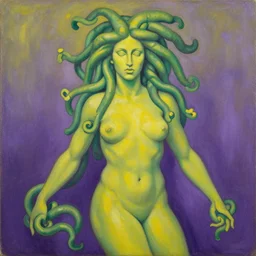oil on masonite painting by aaron douglas of a scene from greek mythology of medusa, green yellow and purple