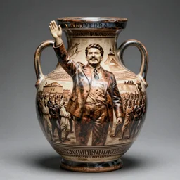 a beautiful ancient greek pottery of stalin waving to the masses
