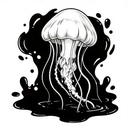 a line drawing of a medusa semi submerged in a puddle of black liquid in moebius style