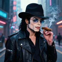 Michael Jackson with glasses and hat in a cyberpunk schemed street, smoking a cigar