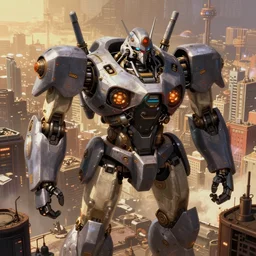 a giant robot corpse repurposed to house a booming city in its hull, set in the distant future, steampunk, cyberpunk, warm lights, anime, vhs distortion