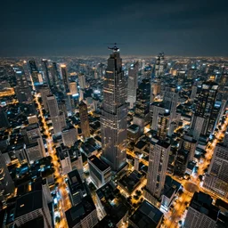sci - fi bangkok cityscape. wide angle night photo. helicopter view. exaggerated detail. volumetric lighting. photo by masamune shirow.