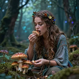 A bohemian fairy eating mushrooms in a magical forest