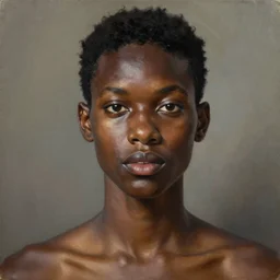 A portrait of a thin trendy and gorgeous non-binary person, dark black skin tone, oil painting by Kehinde Wiley, majestic, detailed, high resolution