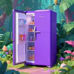 purple refrigerator in a vaporwave jungle, 4k Photograph