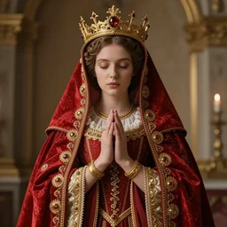 a beautiful render of a catholic veiled red queen with symmetry intricate detailed ,pray,by  Andrei Riabovitchev,Enchanted doll,Lawrence Alma-Tadema,aaron horkey,Billelis,trending on pinterest,hyperreal,feminine,golden ratio,cinematic lighting
