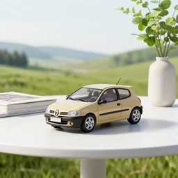 a small miniature of a classic Renault Clio on a white table near a book and a vase with a plant, 3d render, octane render, unreal engine 5, path tracing, serene landscape, calm, relaxing, beautiful landscape, highly detailed, high quality, 4k, symmetrical, low contrast