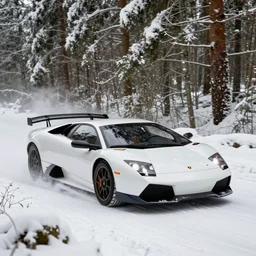 a 2 0 1 0 lamborghini murcielago lp 6 7 0 - 4 sv, racing through a rally stage in a snowy forest