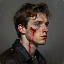 Portrait of Patrick Bateman with blood on his face facing right. painting. Trending on artstation