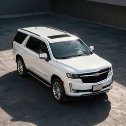 A high angle shot, white SUV inspired by Cadillac Escalade and Chevrolet Tahoe