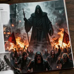 magazine photoillustration of a tall sinister grim reaper looming over angry mob, violent protest, riot, flags slogans fire smoke flares, establishing shot, hyper detailed, hyper realistic, cinematic, 8 k