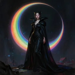 concept art painting of beautiful figure the called the moonbow queen black cloak, a rainbow in the dark, colorful, by Michael Whelan, William Adolphe Bouguereau, and Donato Giancola, cyberpunk, artstation, extremely moody lighting, glowing light and shadow, atmospheric, shadowy, cinematic, 8K