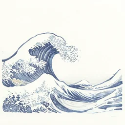 minimalist line drawing of ocean wave, thin long fine lines, woodblock print