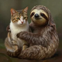 chimera animal of a cat and a sloth. atmospheric lighting. highly detailed digital painting by greg rutkowski.